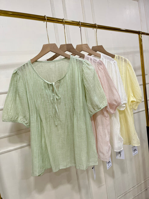 Round Neck Puff Sleeves Transparent Tops